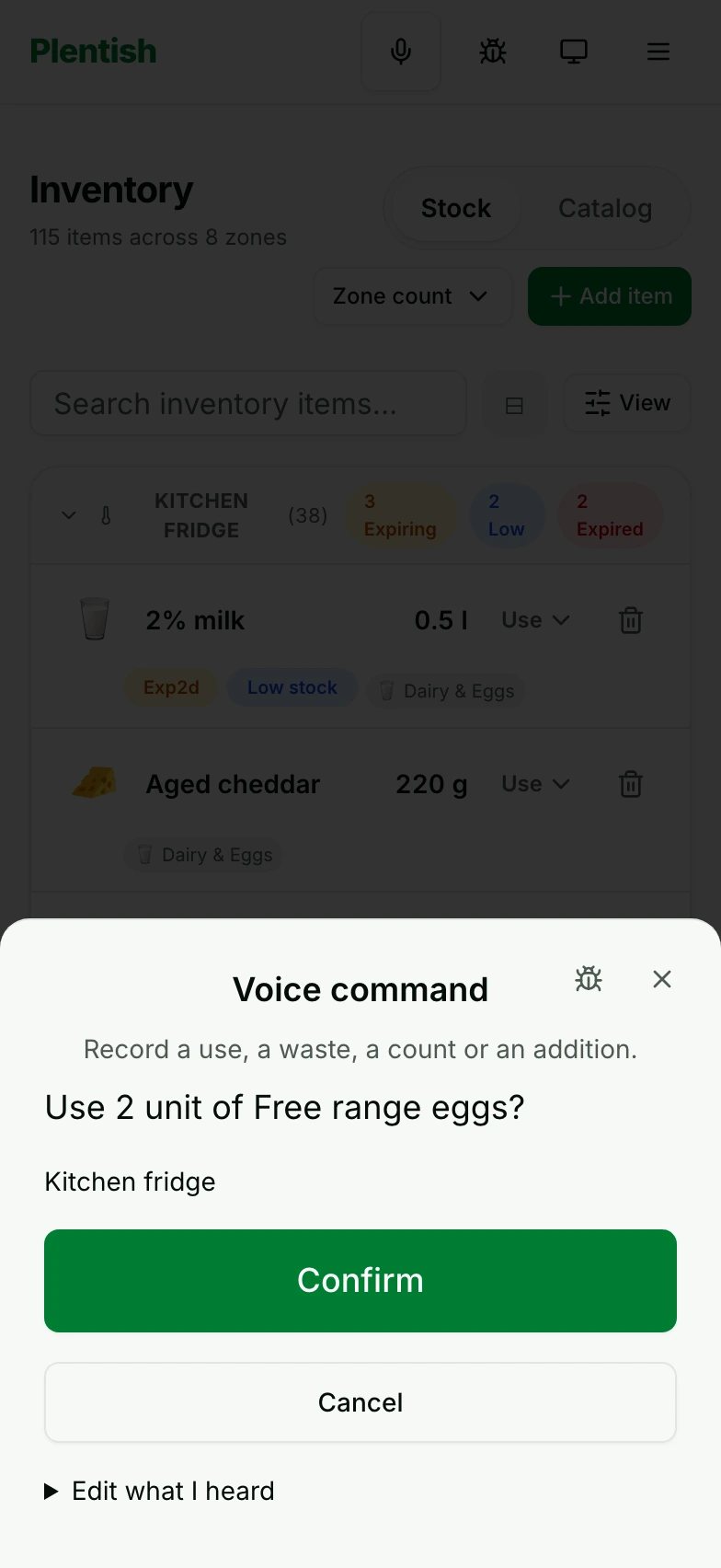 Real Plentish review screen: cooking example, entered as text in the example household.