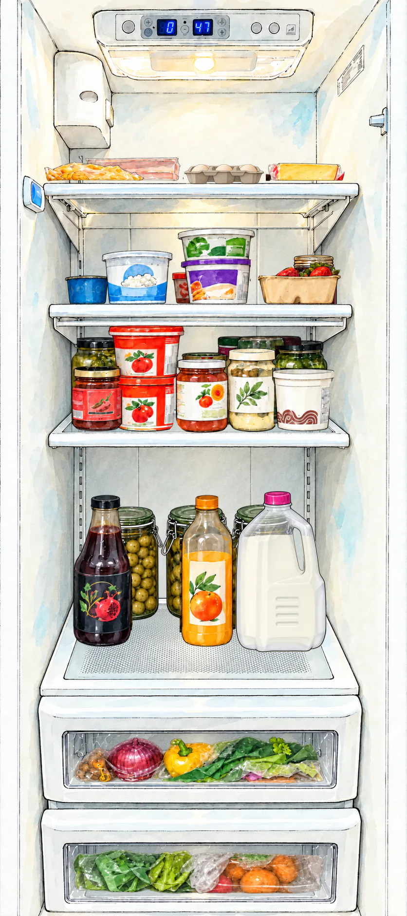 Sunday: Freshly stocked shelves with six eggs in a carton on top, drinks and two full produce drawers.
