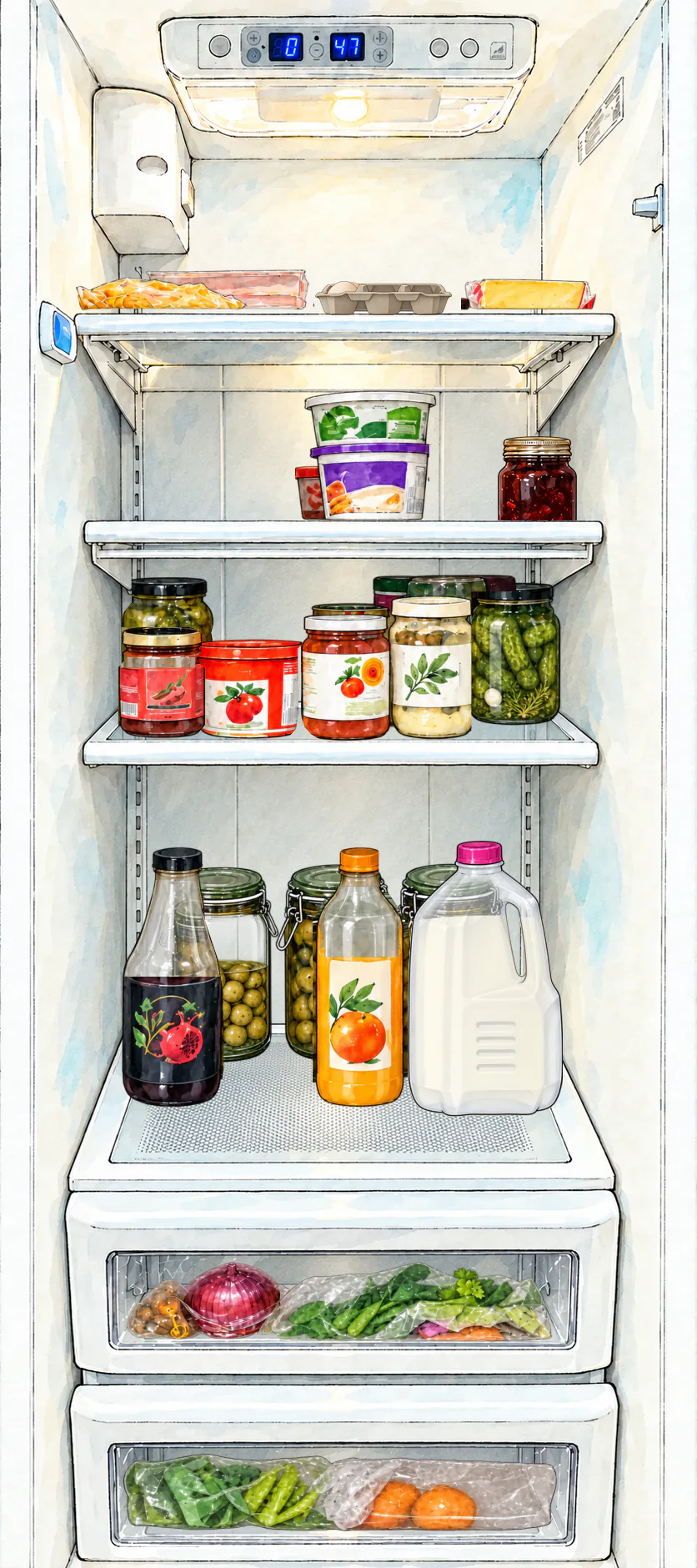 Thursday: A small shop adds milk and cheese. The left glass jar on the drinks shelf is half-full; onion and mushrooms remain in the upper drawer. Untouched stock stays put.