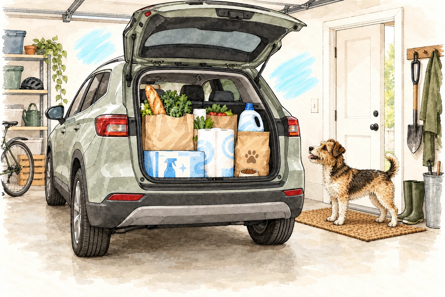A modern garage in ink and watercolour, with an open SUV trunk full of groceries, household supplies and pet supplies, and the same scruffy terrier standing by the door, looking toward the open trunk.