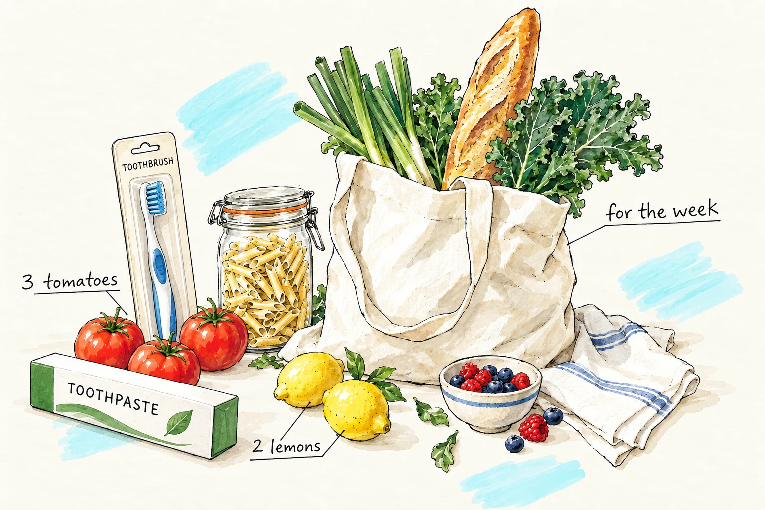 An ink and watercolour shopping tote with groceries, an unopened toothpaste carton and a toothbrush in sealed retail packaging.