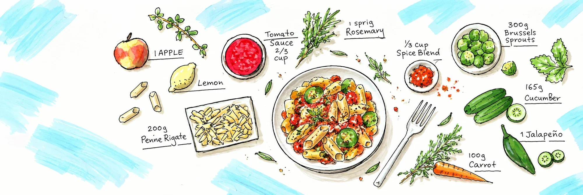 Ink and watercolour ingredient studies surround a bowl of pasta. Handwritten quantities connect each ingredient with a fine line.